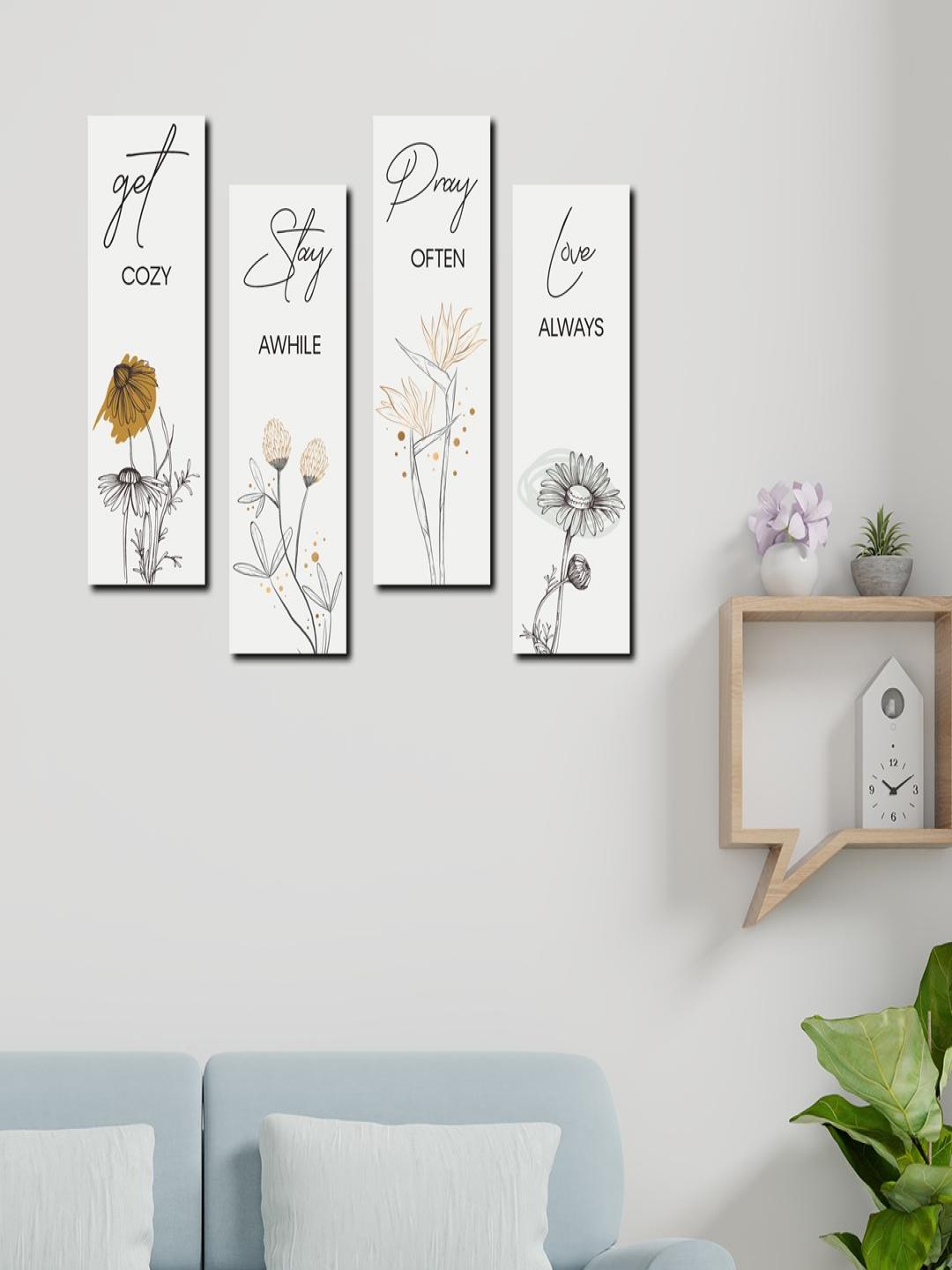 

CVANU White & Black 4 Pieces Printed Wooden Wall Hanging