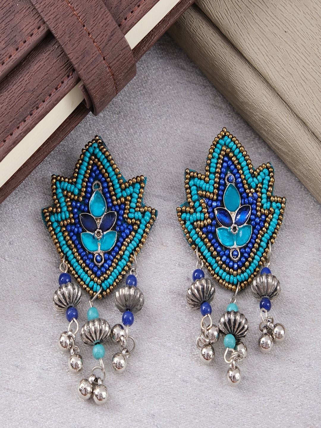 

Sangria Silver-Plated Beaded Contemporary Shaped Drop Earrings, Blue