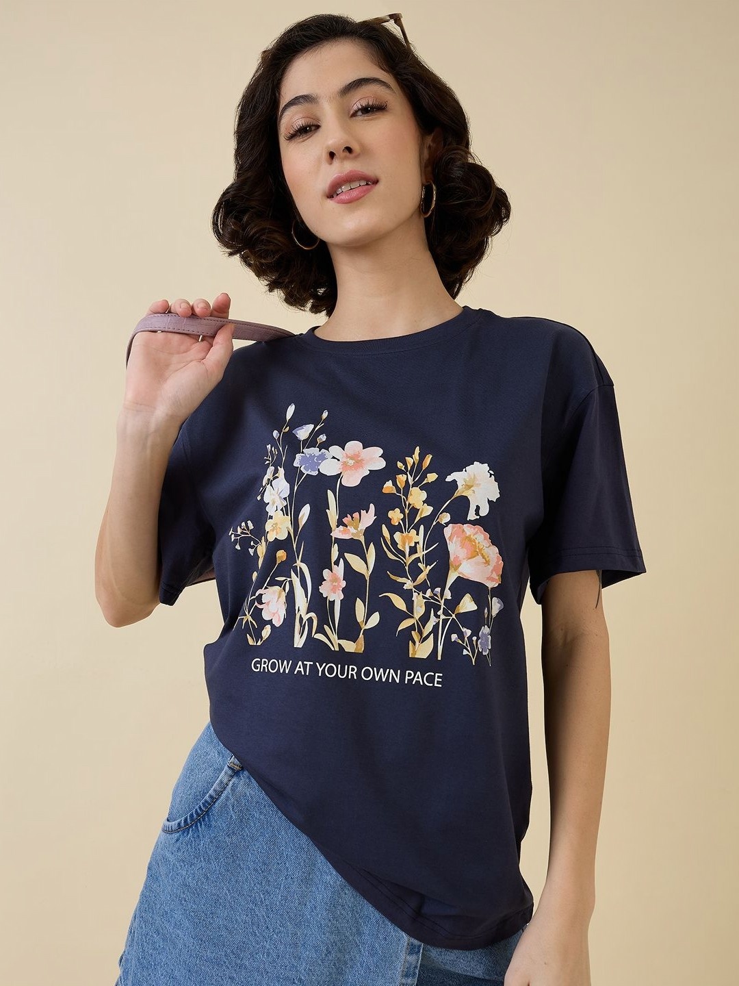 

Mast & Harbour Women Printed T-shirt, Navy blue