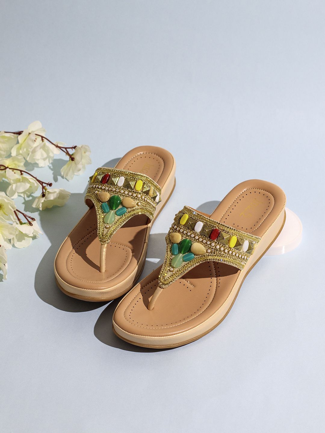 

Inc 5 Women Embellished Ethnic Open Toe Flats, Gold