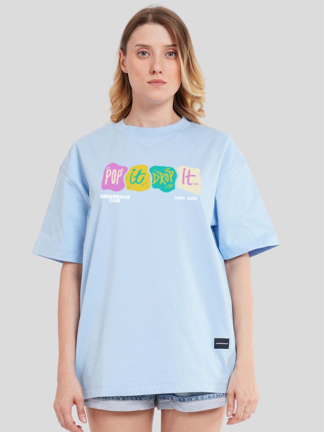 

Underrated Club Women Bio Finish Graphic Printed Round Neck Cotton Oversized T-shirt, Blue