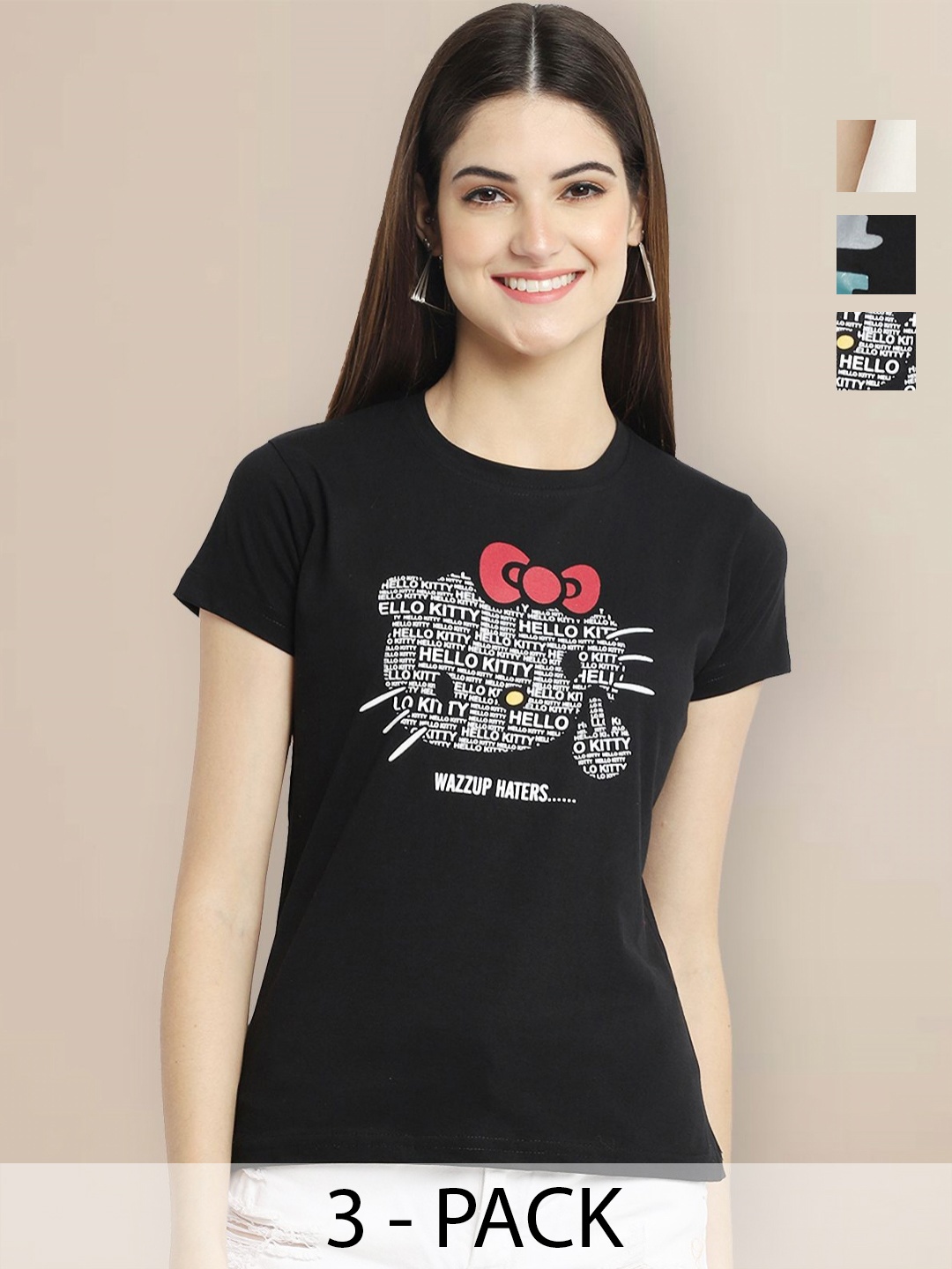 

Metronaut Women Pack of 3 Typography Printed Round Neck Cotton T-shirts, Black