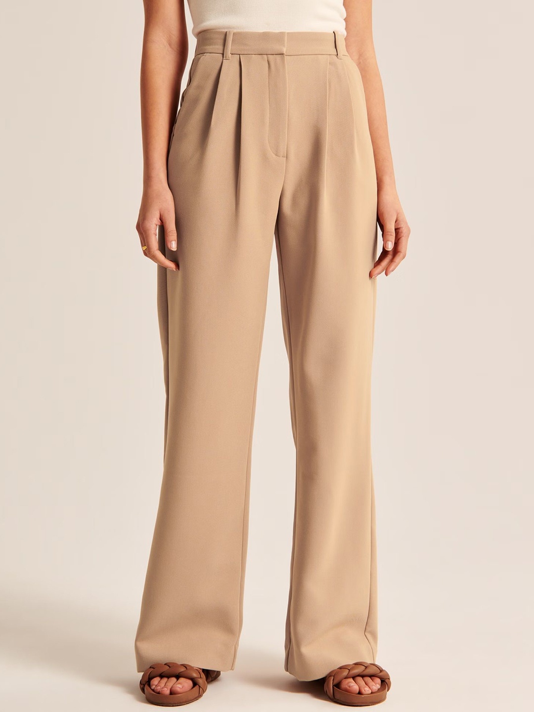 

FNOCKS Women Ultra Straight Fit High-Rise Pleated Trousers, Beige