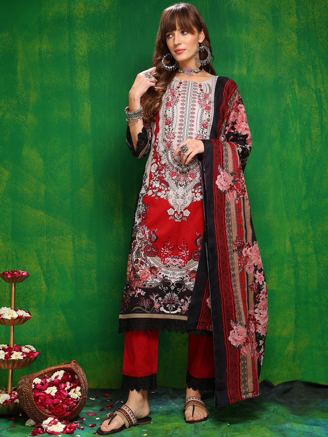 

KALINI Floral Printed Round Neck Cambric Cotton Straight Kurta With Trousers & Dupatta, Red