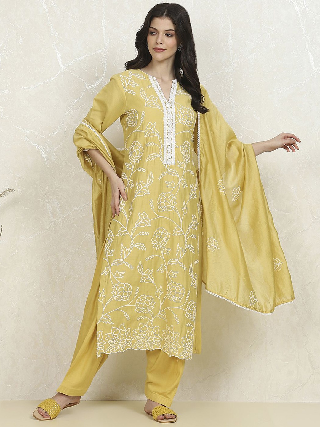 

Biba Floral Embroidered Thread Work Unstitched Dress Material, Yellow