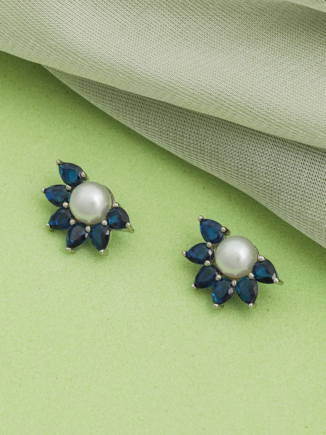 

MAIRA 925 Sterling Silver Rhodium-Plated Artificial Stones Studded Floral Shaped Studs, Blue