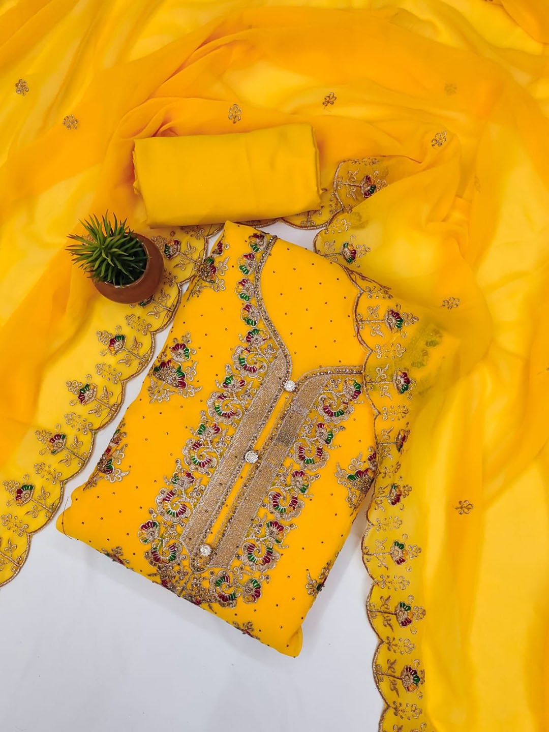

Rangtulika Embroidered Sequinned Unstitched Dress Material, Yellow