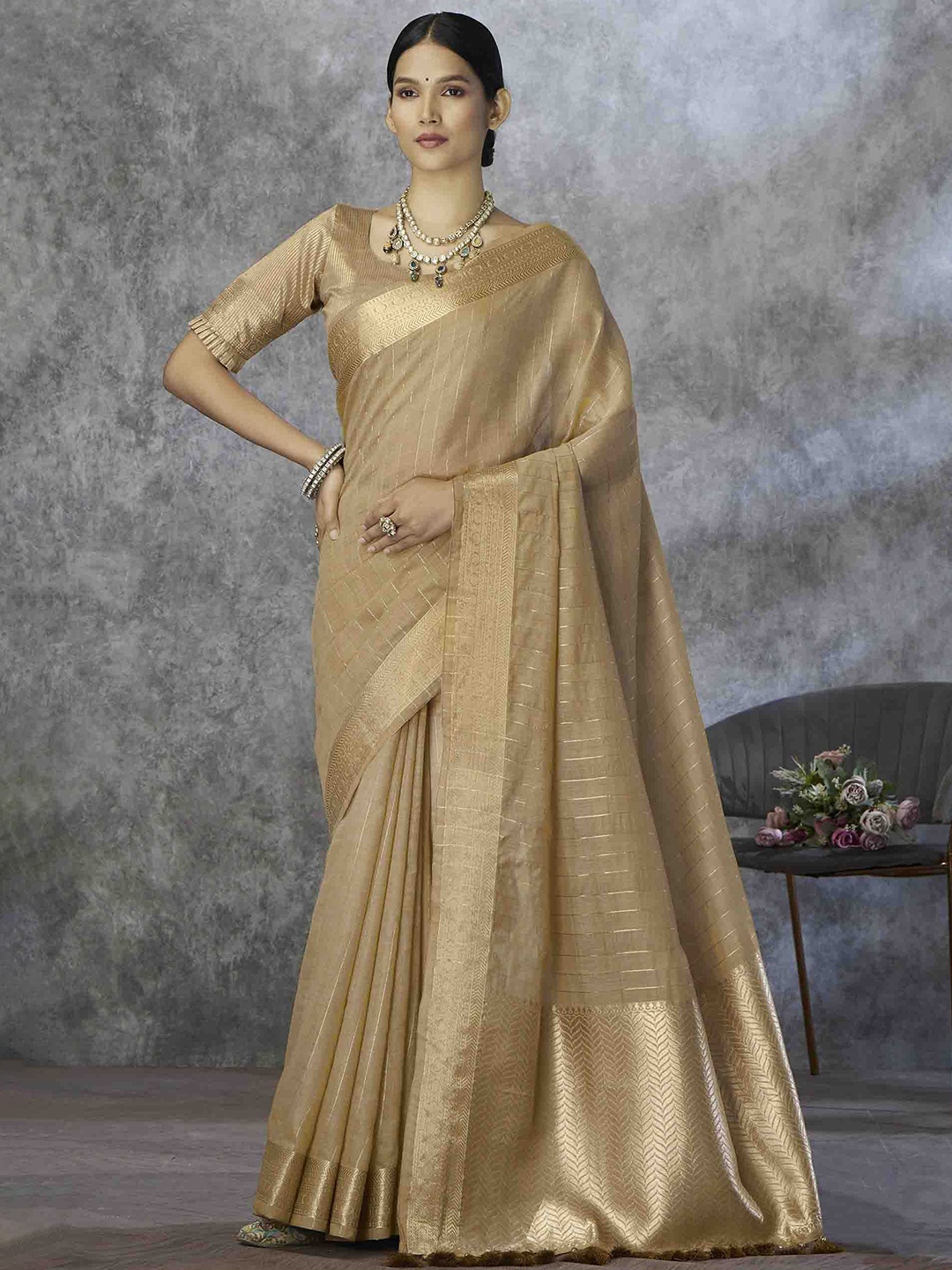 

Mitera Striped Zari Silk Blend Saree, Coffee brown