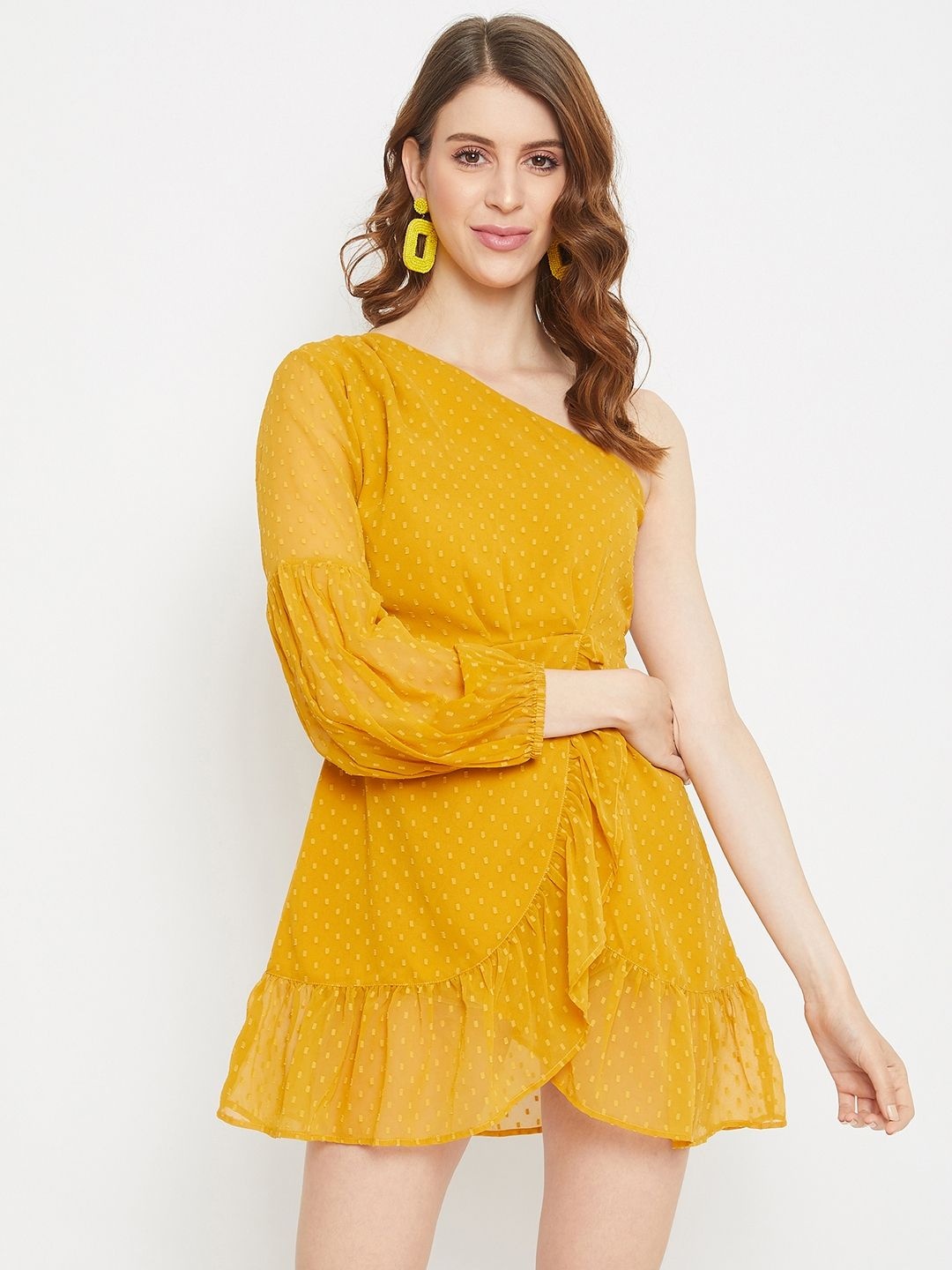 

Berrylush One Shoulder Bishop Sleeve Ruffled Georgette A-Line Dress, Mustard