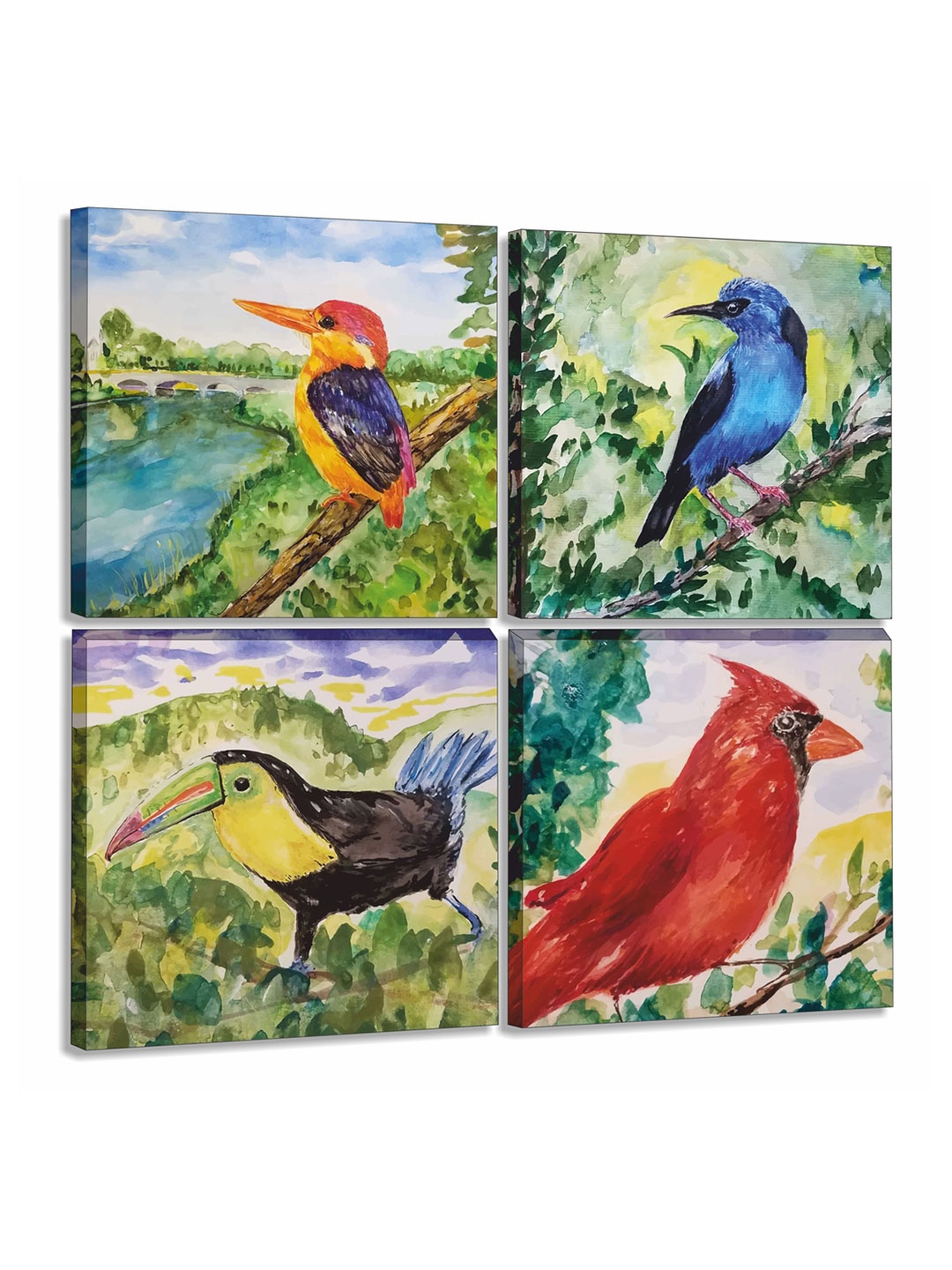 

CVANU Green & Blue 4 Pieces Canvas Birds Paintings Wall Art