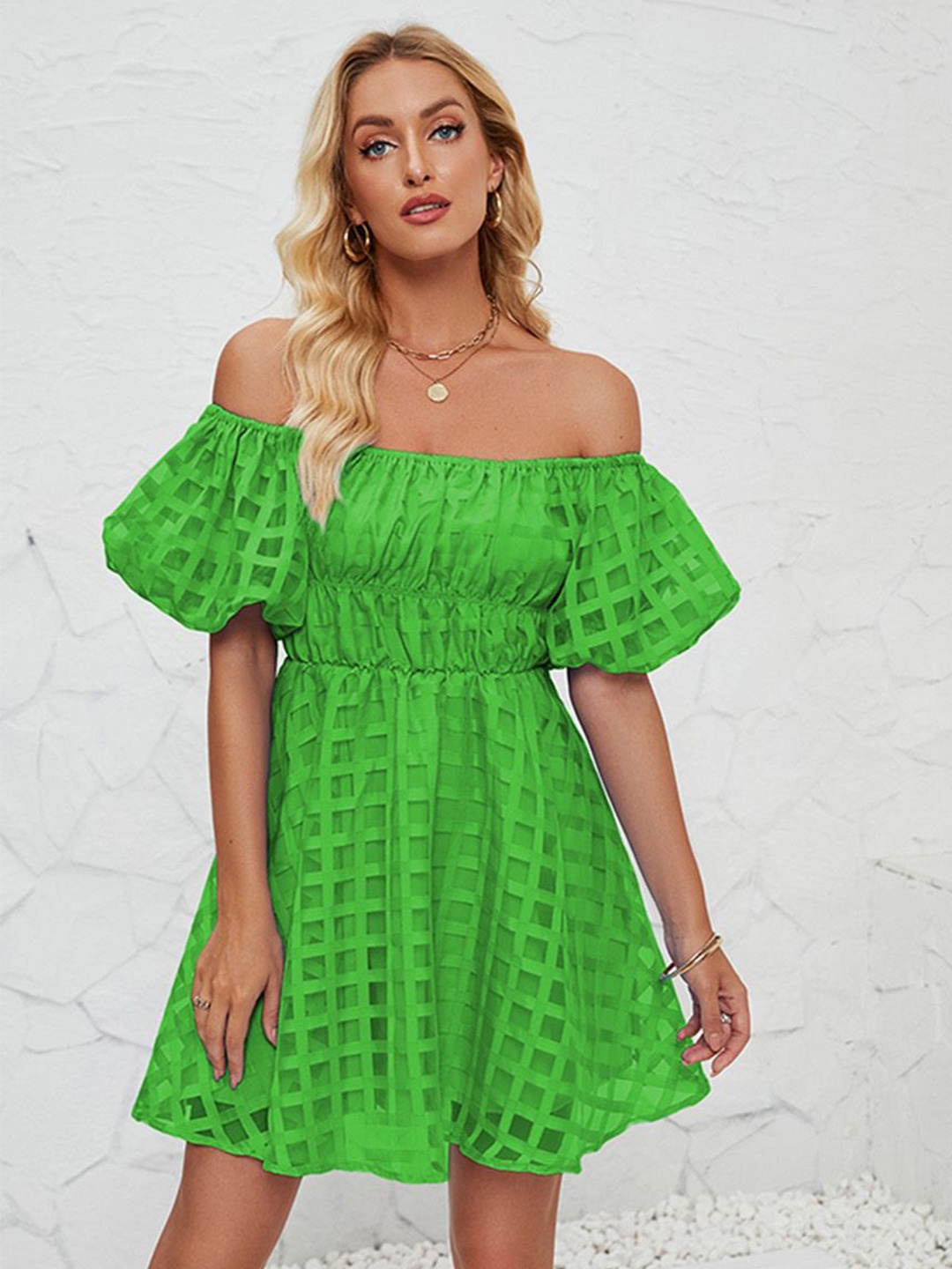 

JC Mode Off-Shoulder Puff Sleeve Fit & Flare Dress, Green