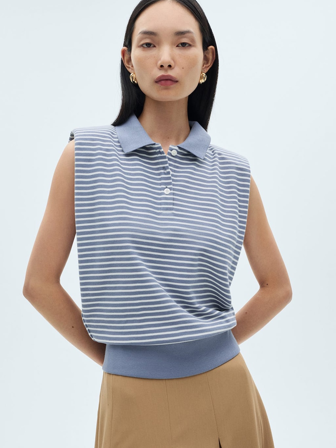 

MANGO Striped Polo Collar Cotton T-shirt, Blue