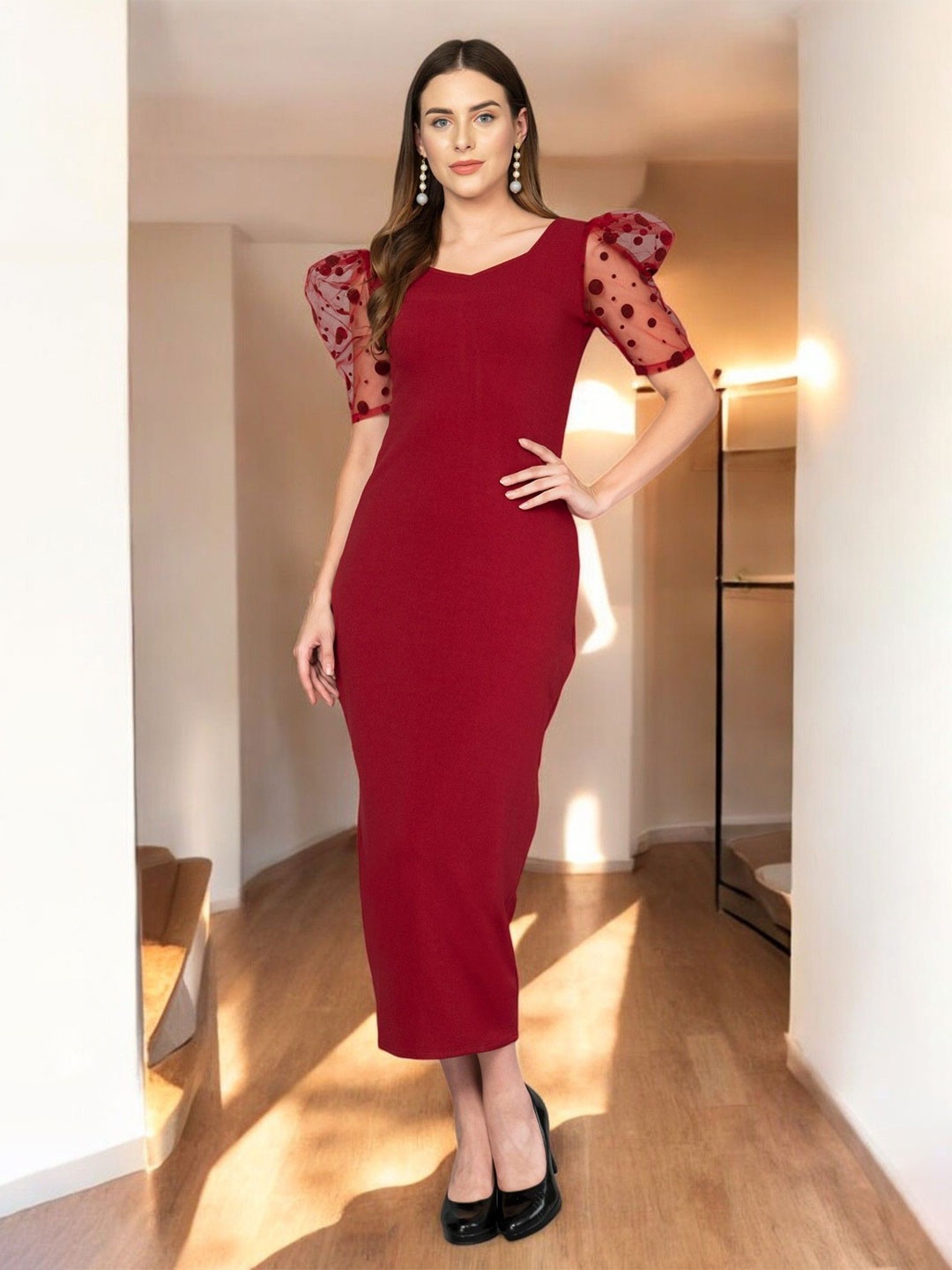 

ZEUGEN Flutter Sleeve Bodycon Maxi Dress, Maroon