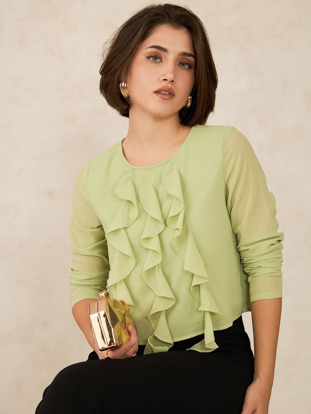 

Virgio Women Gia Green Lettuce Hem Ruffle Top