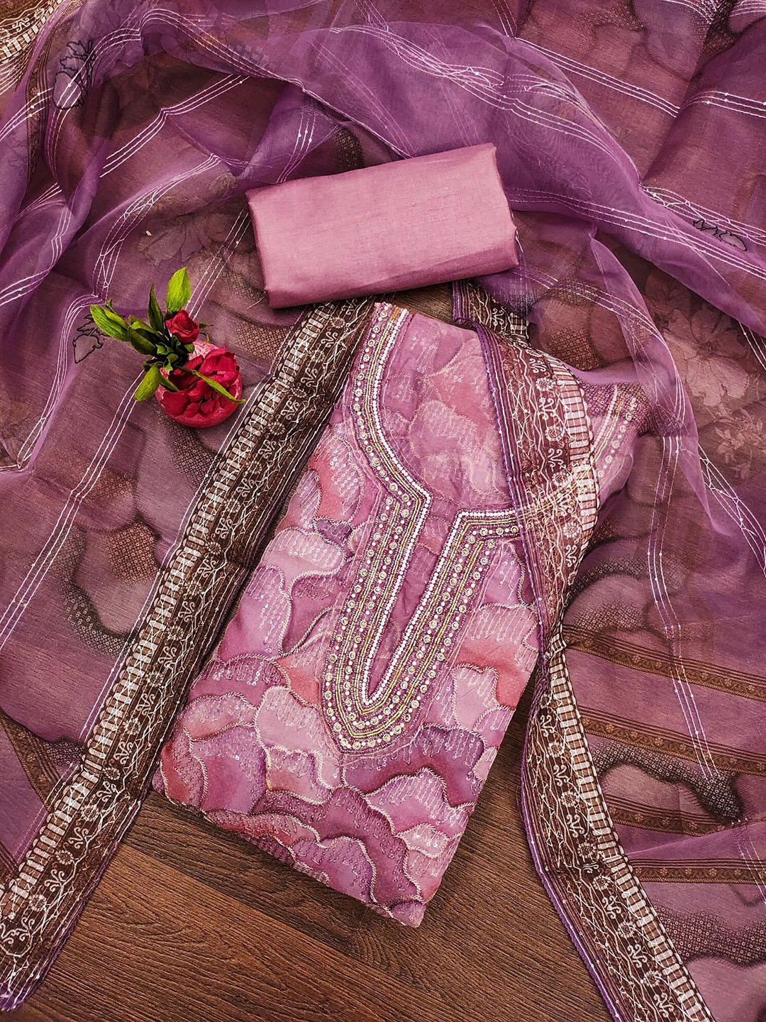 

Rangtulika Ethnics Motifs Embellished Organza Unstitched Dress Material, Purple