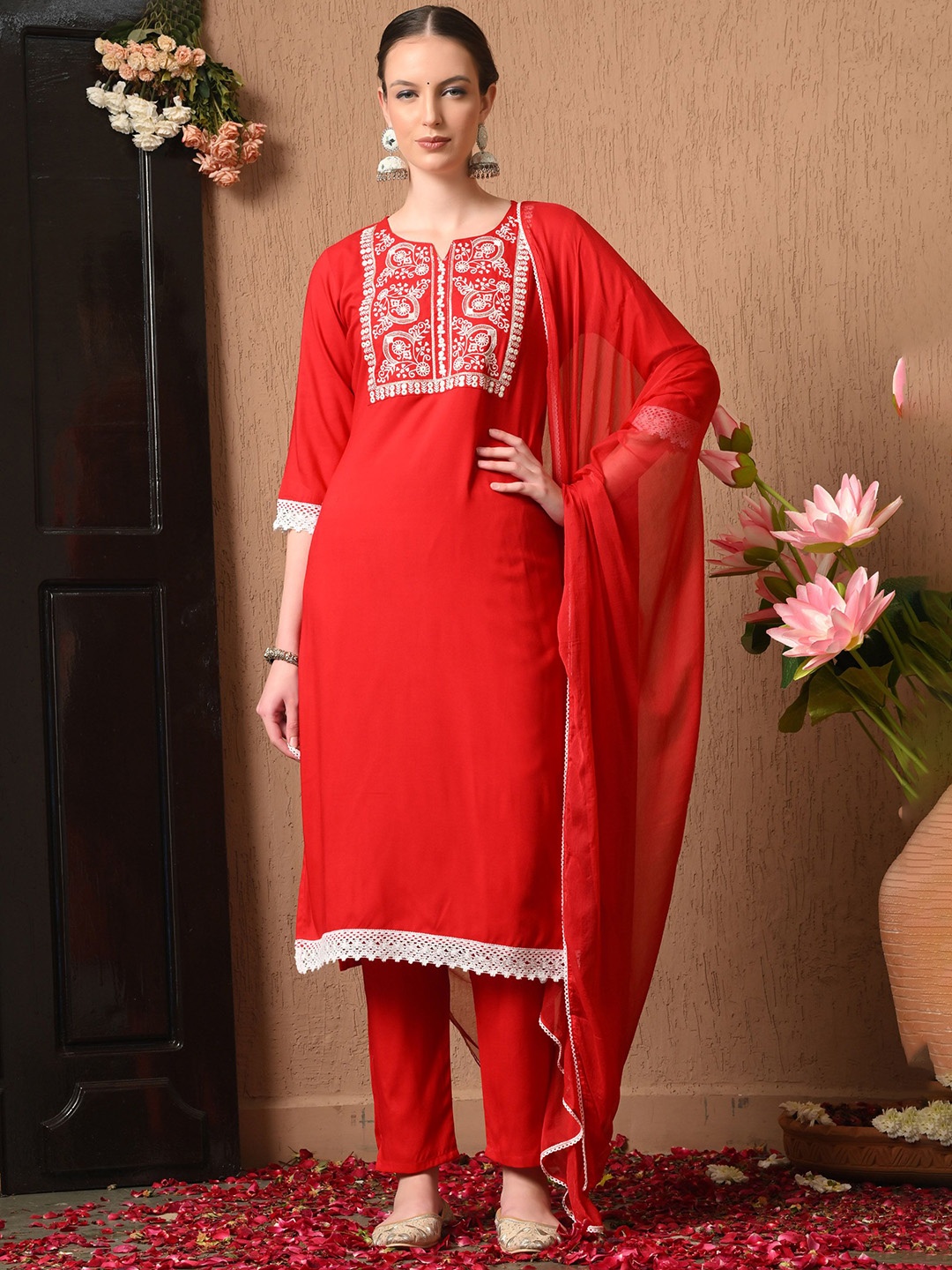 

Anouk Women Floral Yoke Design Regular Kurta with Trousers & With Dupatta, Red