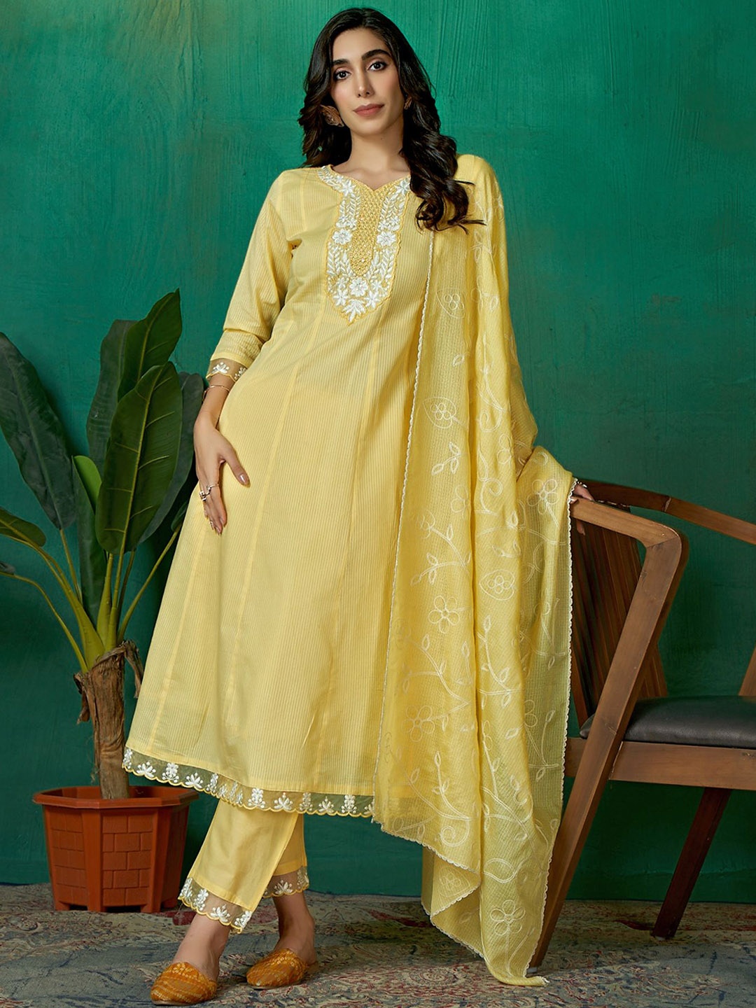 

Sangria Embroidered Pure Cotton Sweetheart Neck Kurta Trouser & Dupatta Set, Yellow