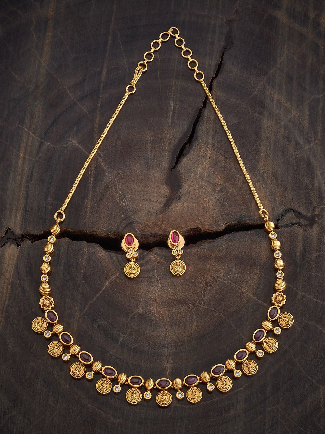 

Kushal's Fashion Jewellery Ruby Gold-Plated Ethnic Antique Necklace Set