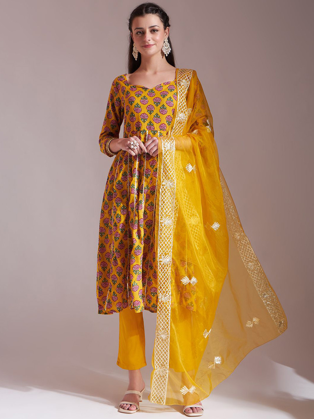 

Yufta Women Floral Printed Regular Gotta Patti Pure Cotton Kurta with Trousers & With Dupatta, Mustard