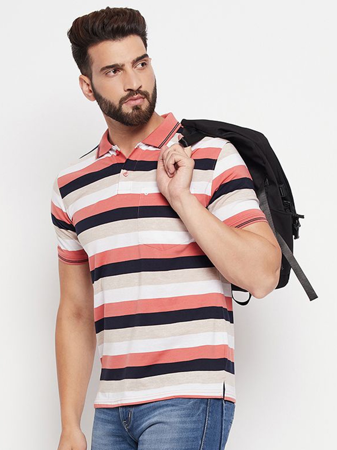 

UNIBERRY Men Striped Polo Collar T-shirt, Peach