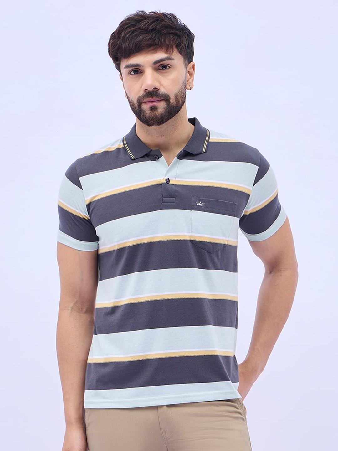 

ARRAY Men Brand Logo Printed Polo Collar T-shirt, Navy blue