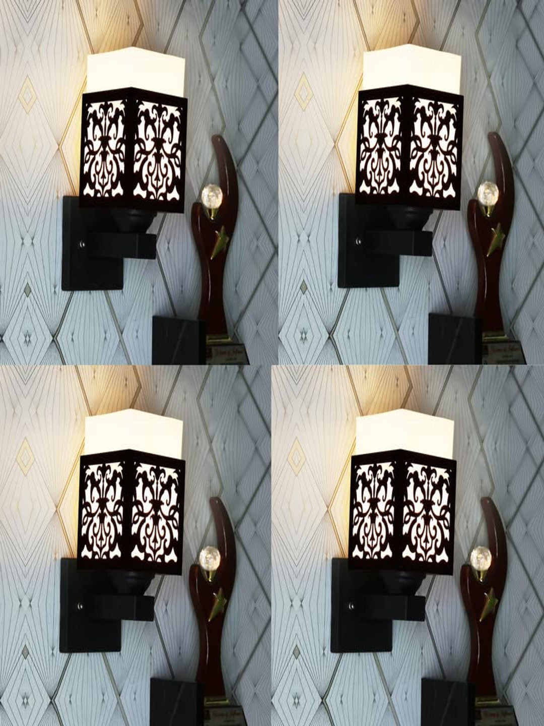 

Gojeeva Black & White 4 Pieces Textured Wooden Rectangle Shaped Wall Lamps