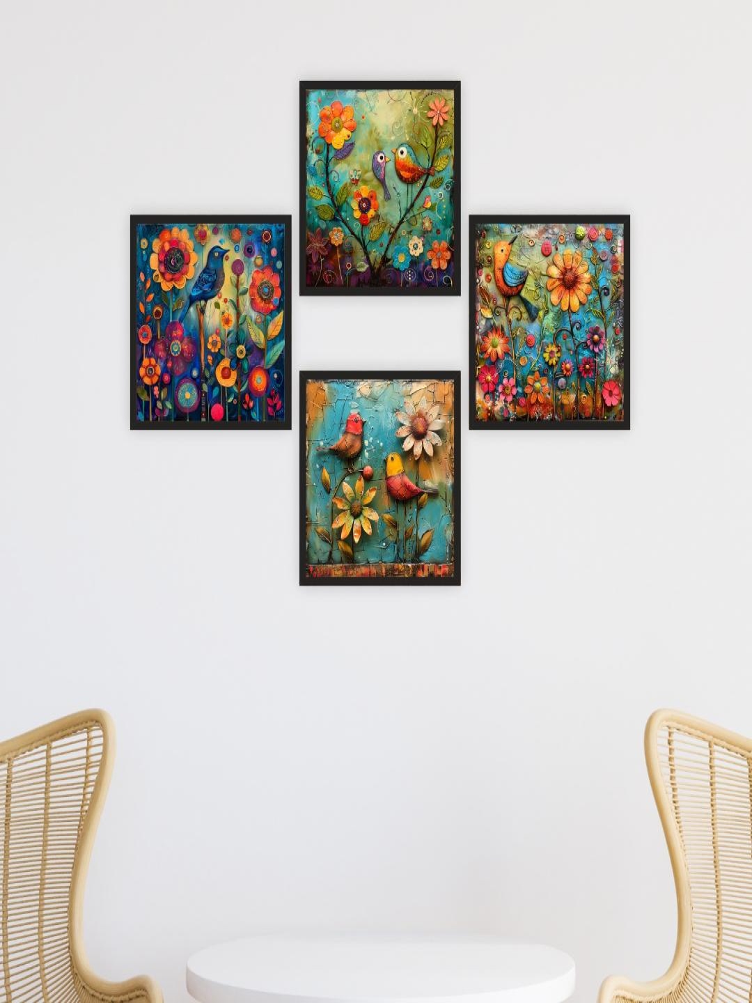 

CVANU 4Pcs Green & Blue Printed Wooden Wall Paintings