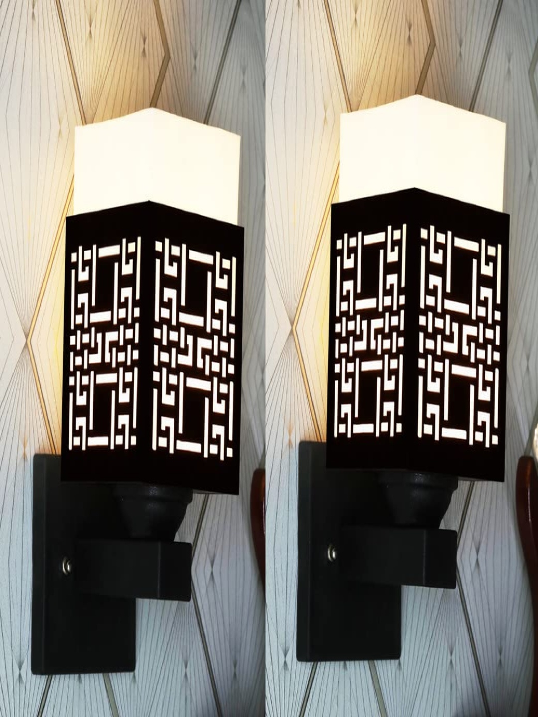 

Gojeeva Black & White 2 Pieces Textured Wooden Rectangle Shaped Wall Lamps