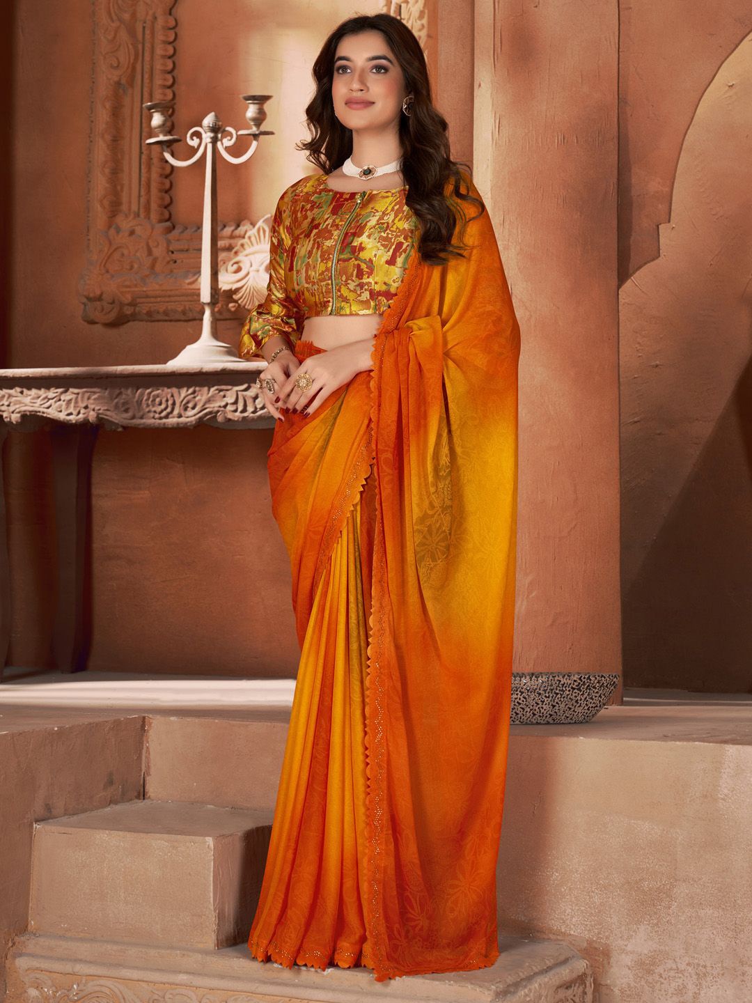 

Anouk Rustic Ethnic Motifs Beads and Stones Poly Georgette Saree, Orange