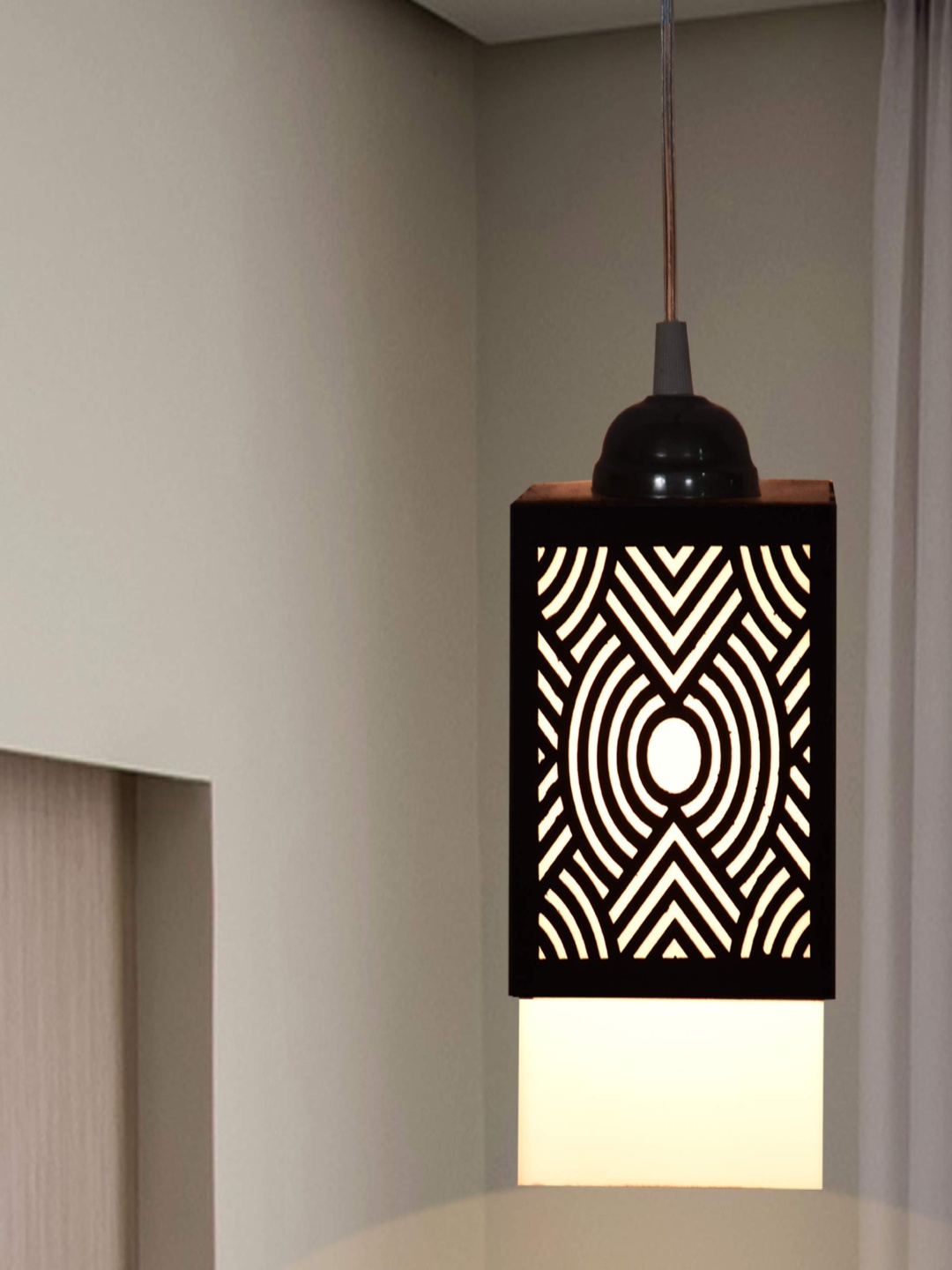 

Gojeeva Black & White Textured Wooden Square Shaped Ceiling Lamp