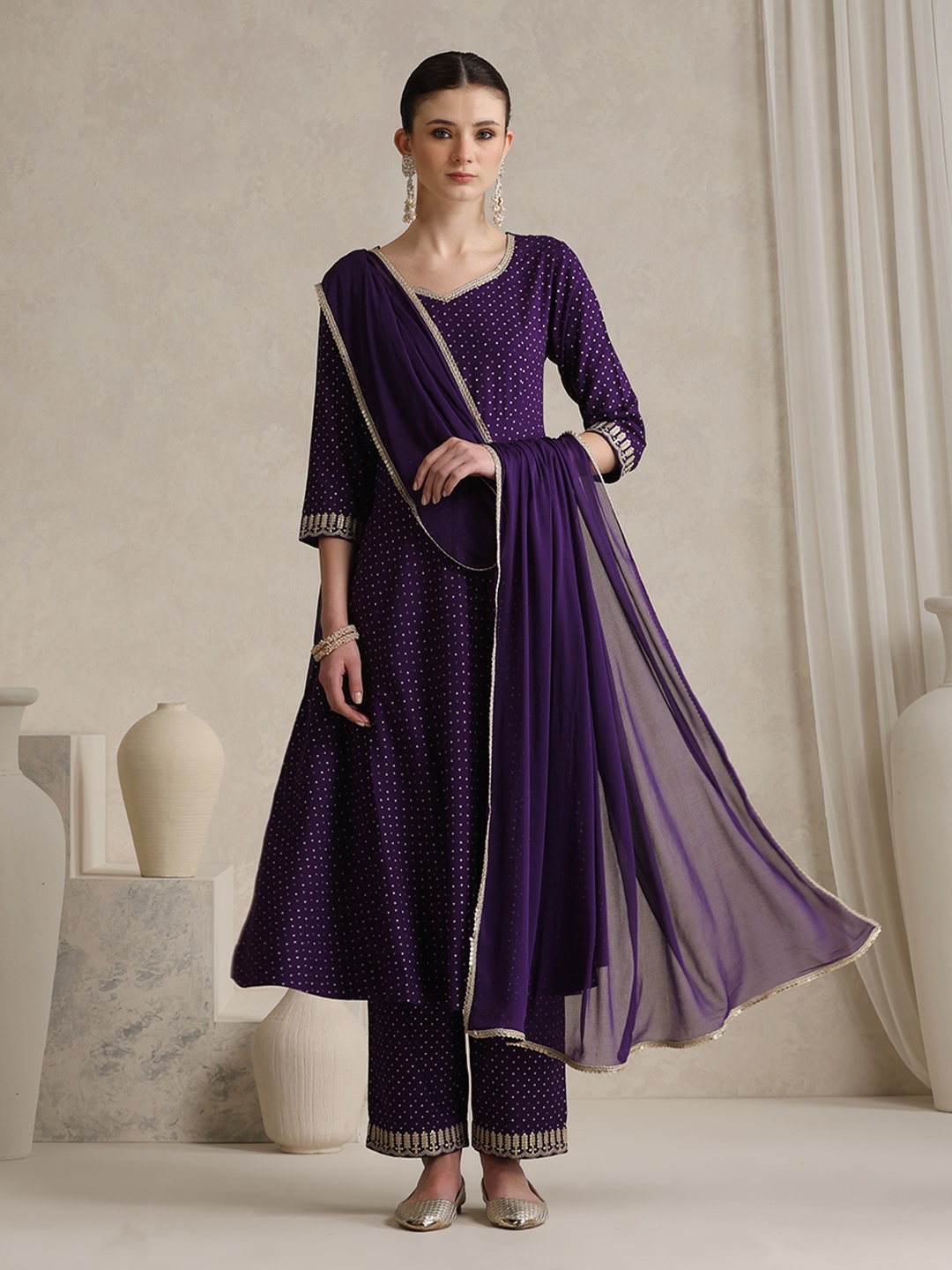 

Khushal K Geometric Printed Sweetheart Neck Zari A-Line Kurta With Palazzos & Dupatta, Purple