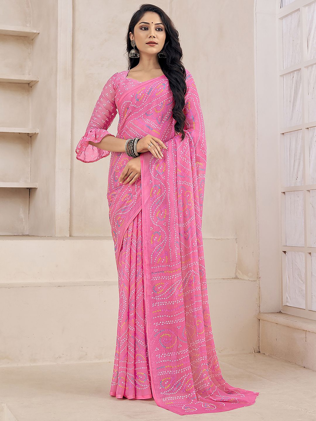 

Anouk Rustic Bandhani Poly Chiffon Bandhani Saree, Pink