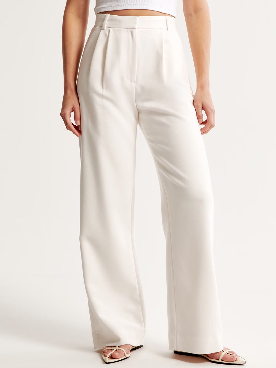 

FNOCKS Women Comfort Flared High-Rise Pleated Trousers, White