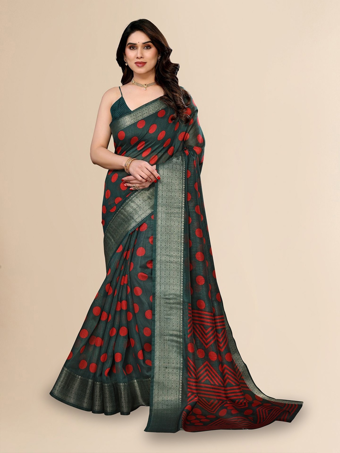 

Moda Rapido Polka Dot Zari Saree, Red