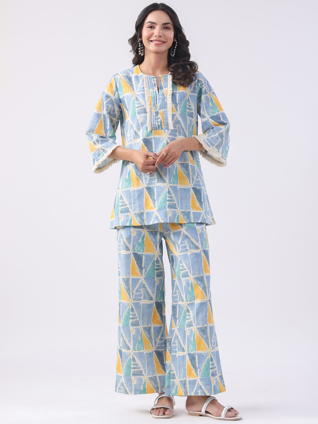 

JISORA Printed Round-Neck Pure Cotton Tunic With Palazzos Co-Ords, Blue