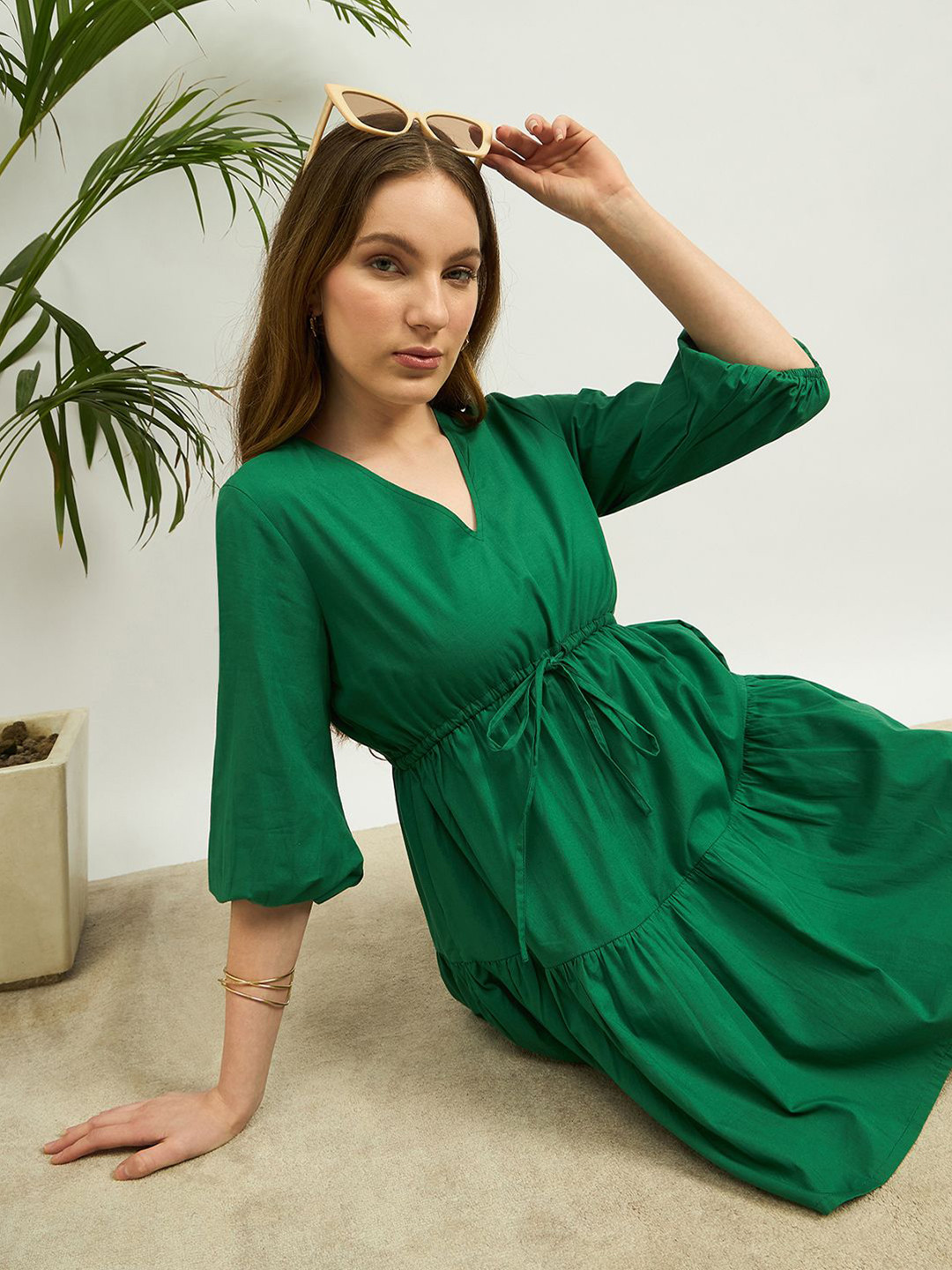 

ZUMMER Puff Sleeve Fit & Flare Dress, Green