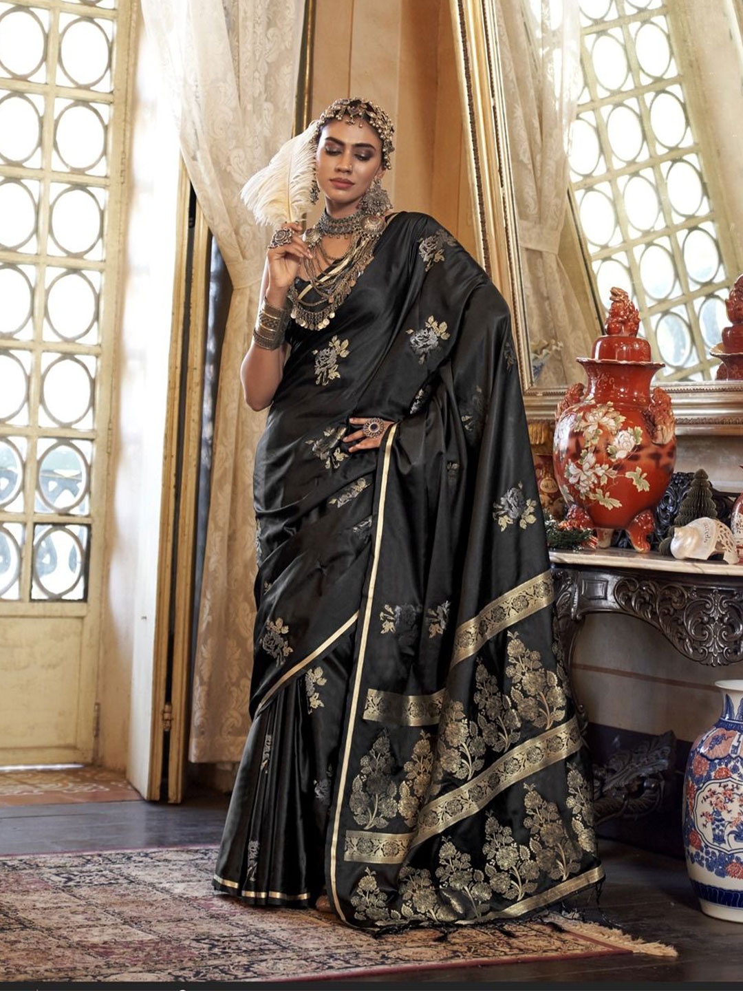 

Anouk Woven Design Zari Satin Saree, Black