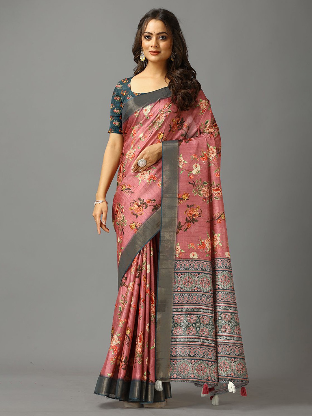 

NIRMAL CREATION Floral Zari Saree, Pink