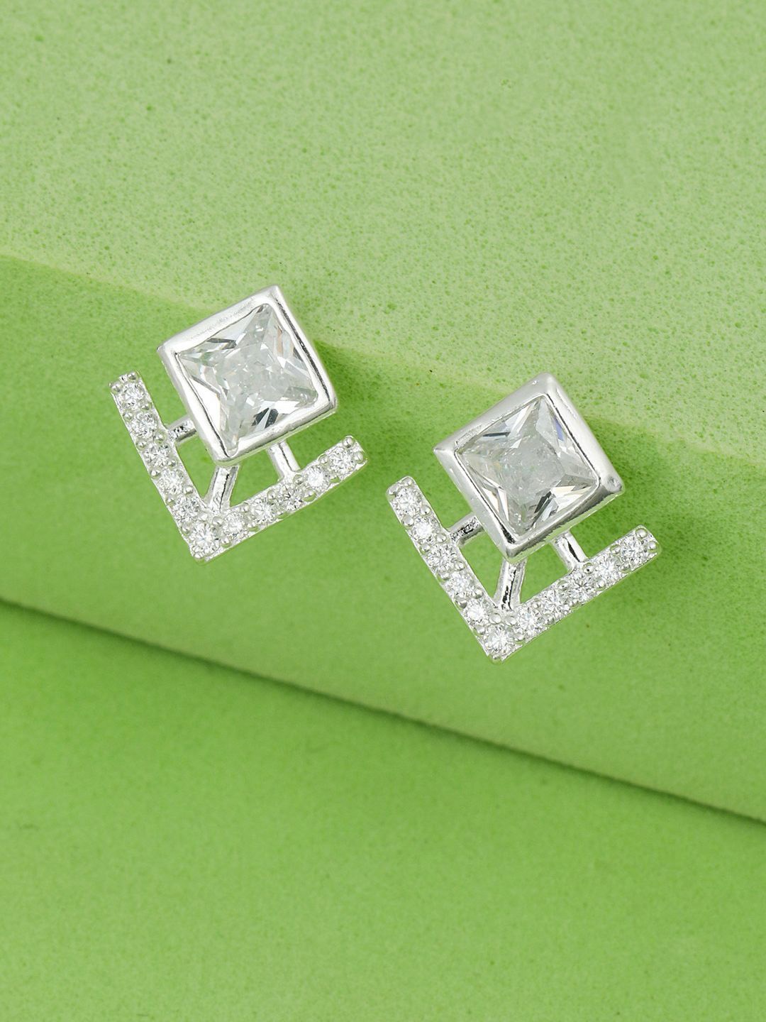 

MAIRA 925 Sterling Silver Rhodium-Plated Cubic Zirconia Stone Studded Square Studs