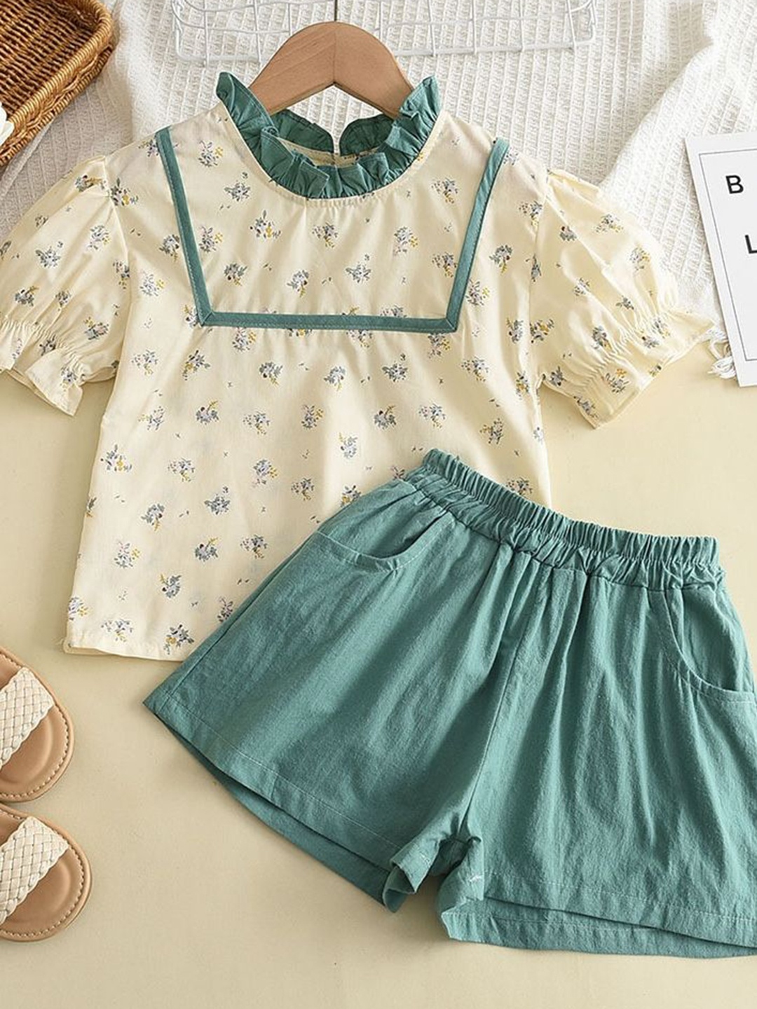 

LULU & SKY Girls Printed Round Neck Pure Cotton Top With Shorts, White