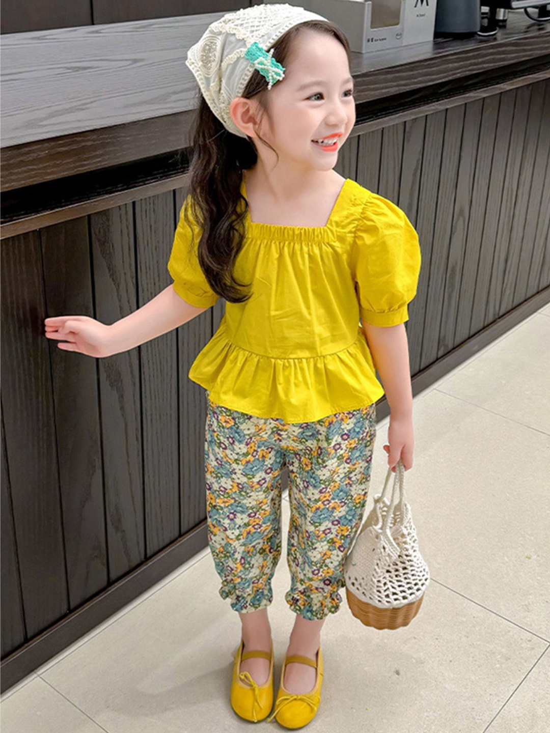 

LULU & SKY Girls Square Neck Peplum Top With Joggers, Yellow