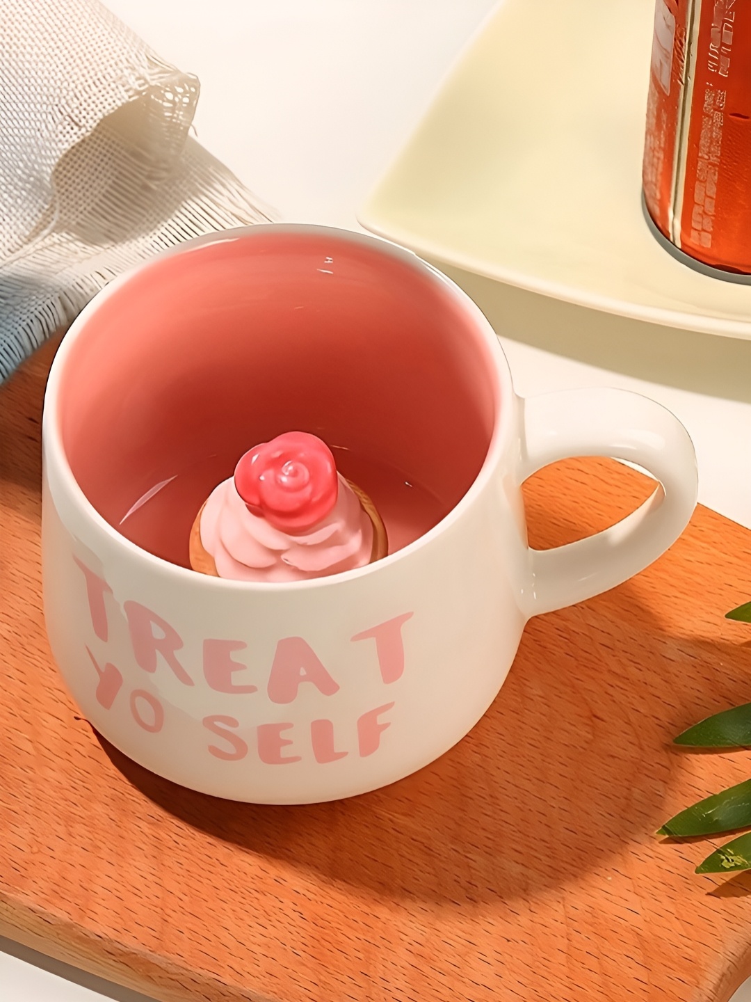 

BonZeaL Off White & Pink Printed Ceramic Glossy Mug With Cupcake Inside Figurine-350 ml