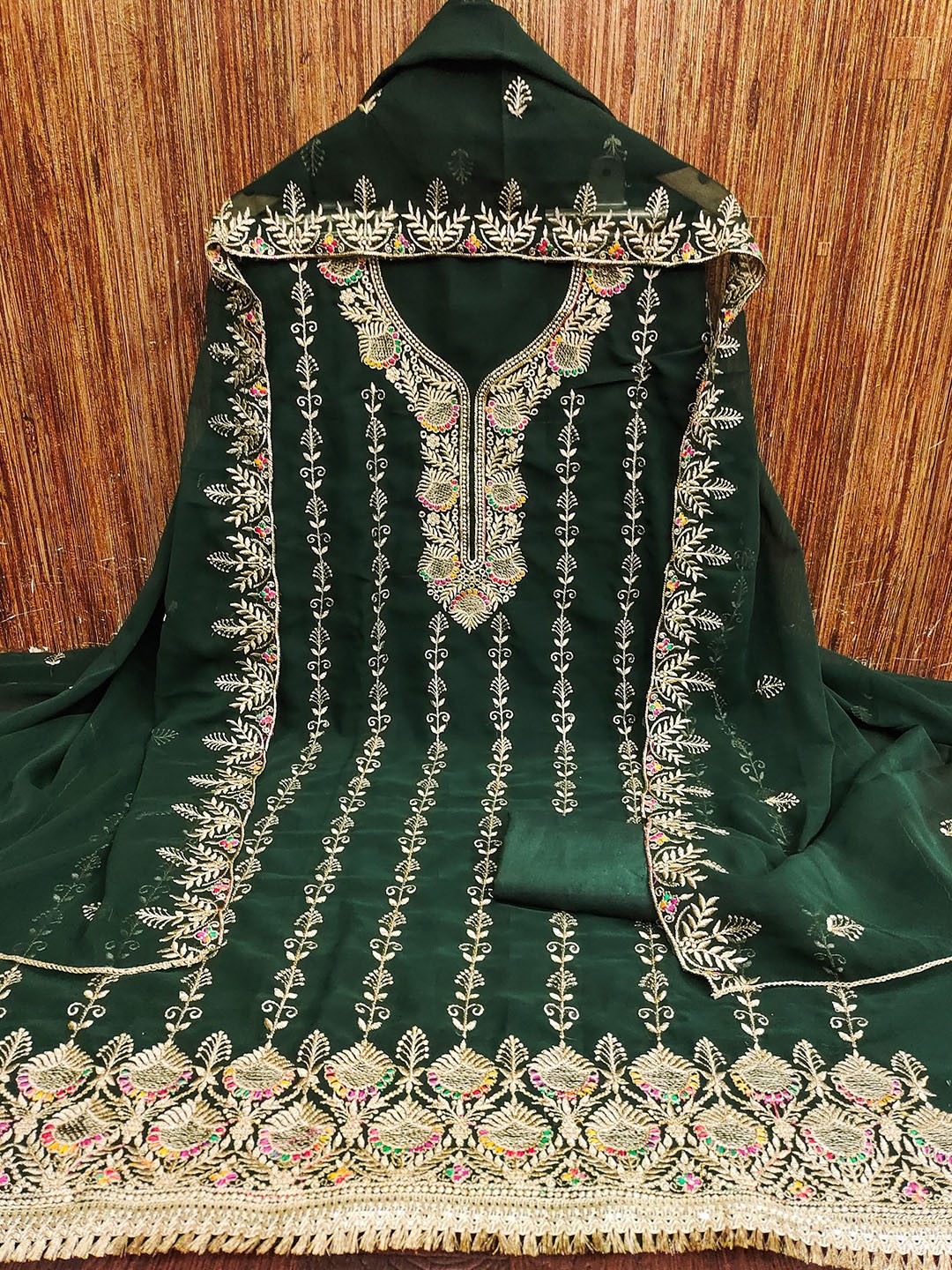 

Rangtulika Floral Embroidered Zari Work Georgette Unstitched Dress Material, Green