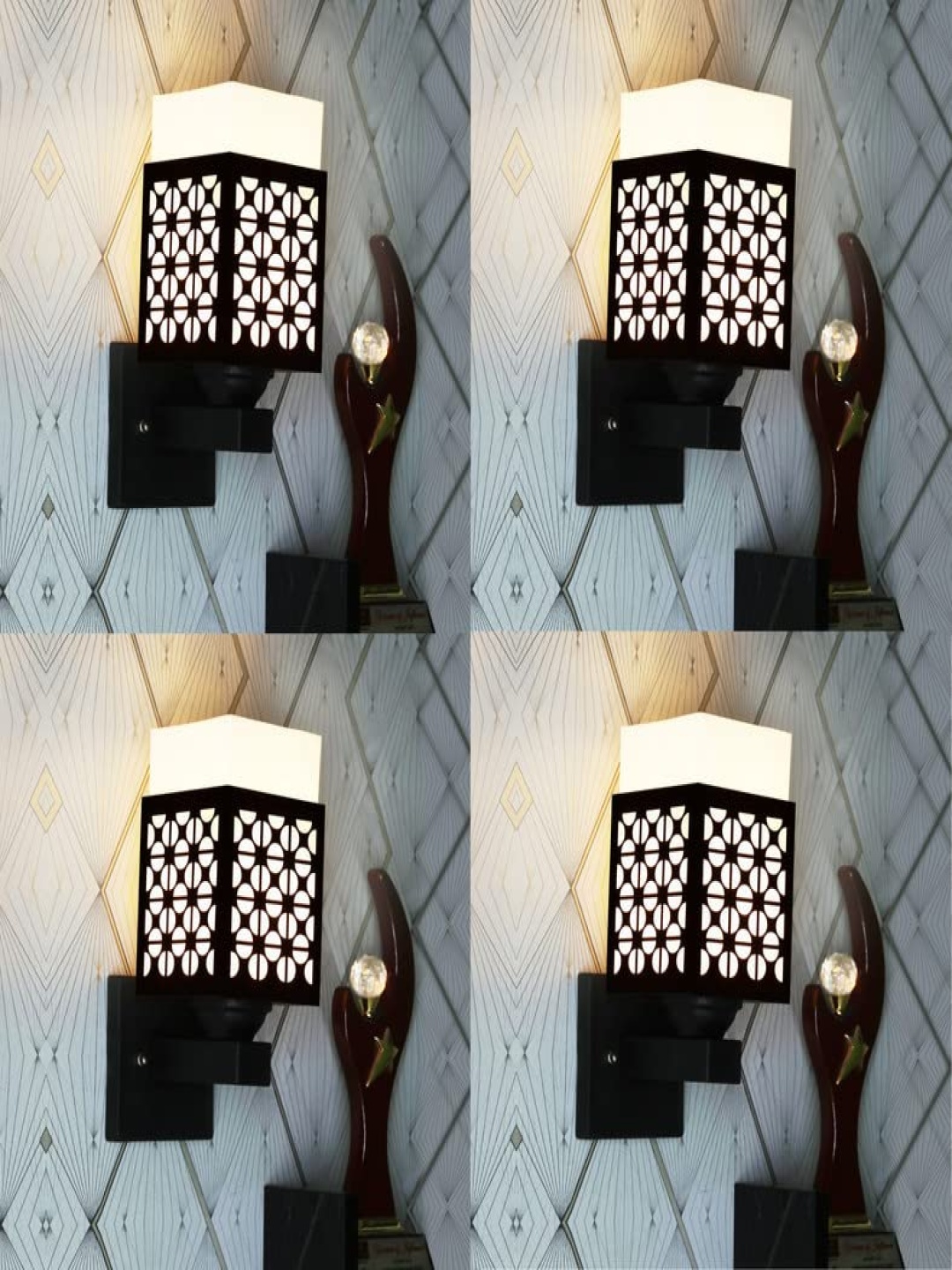 

Gojeeva Black and White 4 Pieces Textured Wooden Square Shaped Wall Lamps