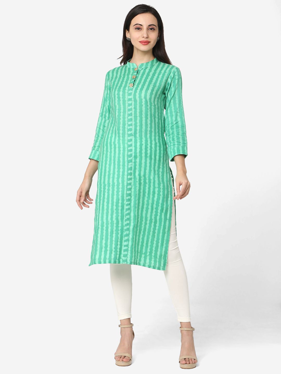 

DIVASTRI Striped Mandarin Collar Straight Kurta, Green