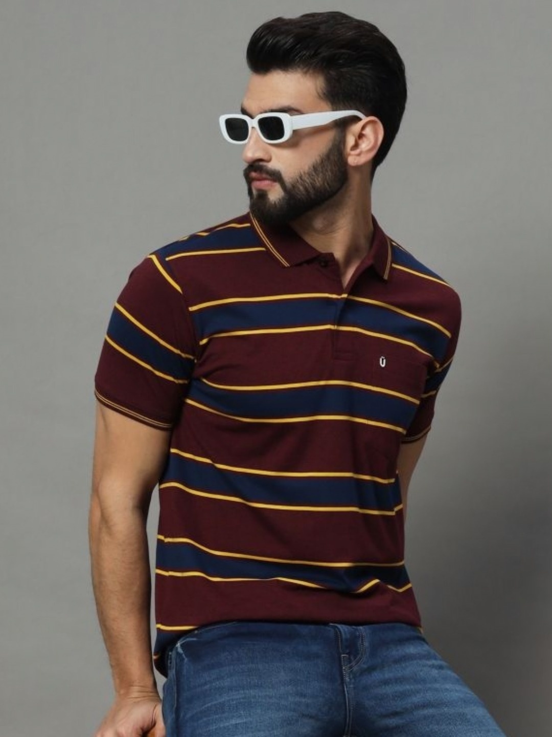 

UNIBERRY Men Striped Polo Collar T-shirt, Maroon