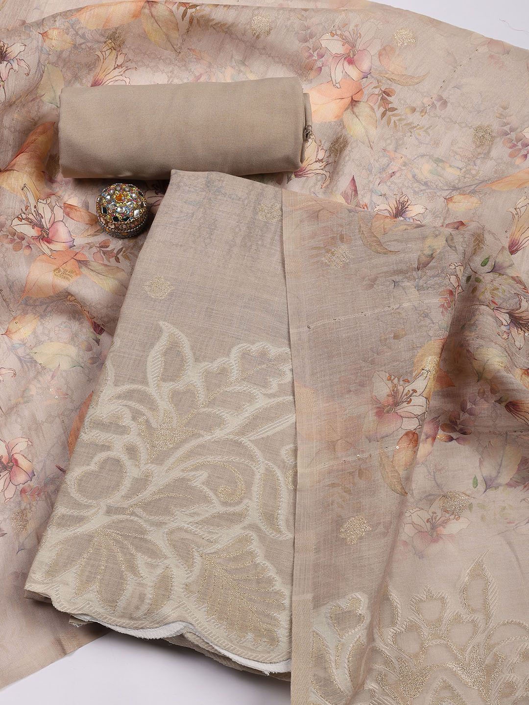 

Meena Bazaar Floral Woven Design Linen Unstitched Dress Material, Beige