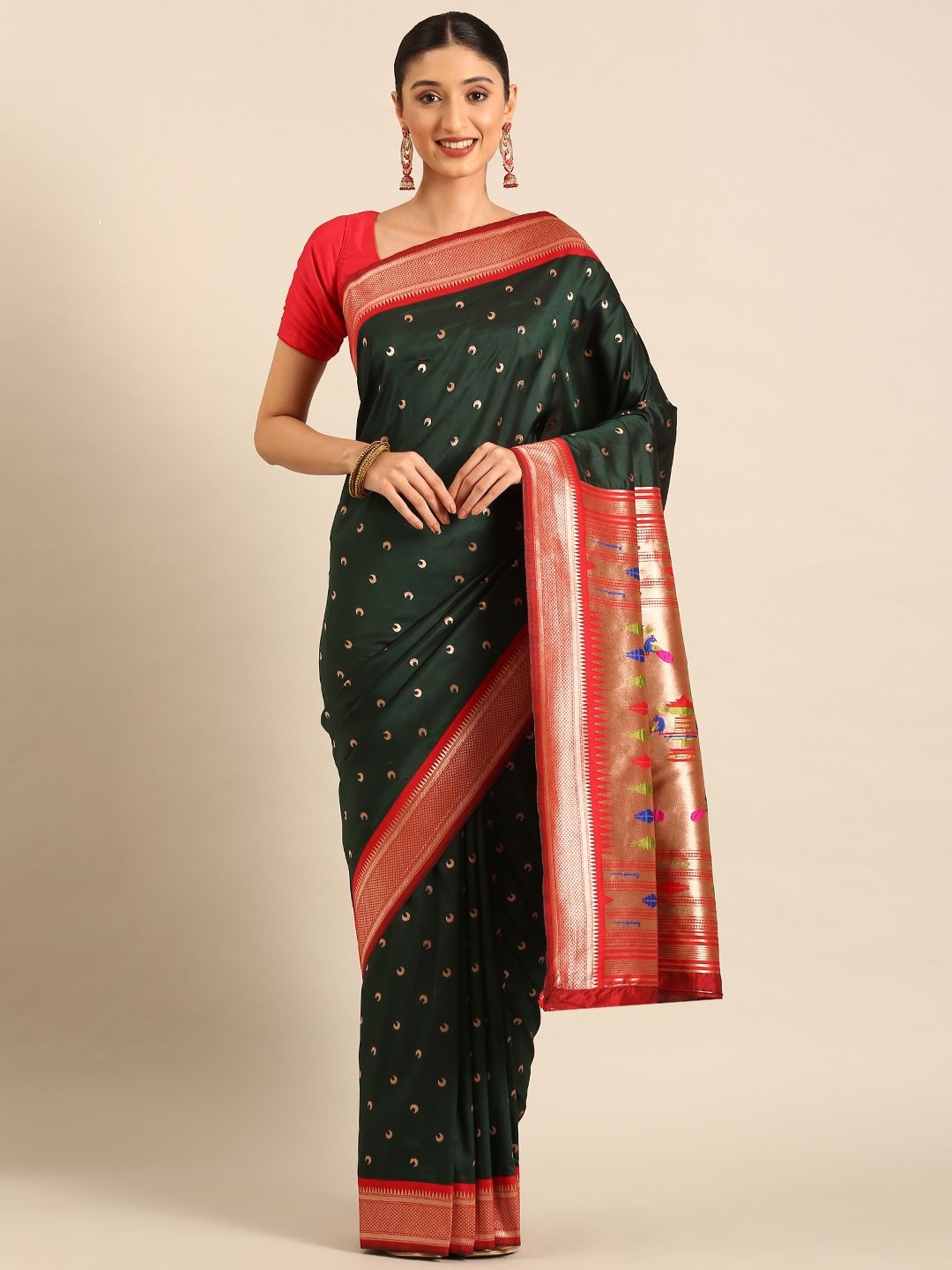 

DIVASTRI Woven Design Zari Silk Blend Paithani Saree, Green