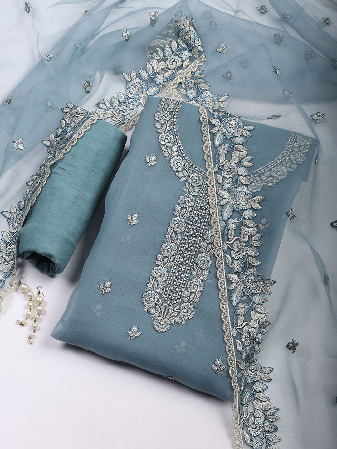 

Meena Bazaar Floral Embroidered Stones And Beads Unstitched Dress Material, Blue