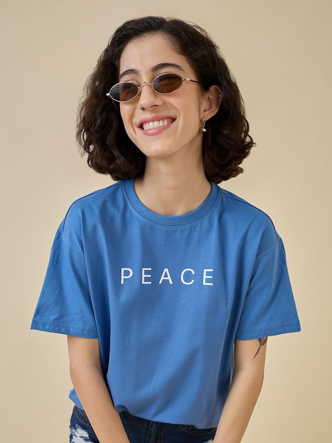 

Mast & Harbour Women Printed Raw Edge T-shirt, Blue